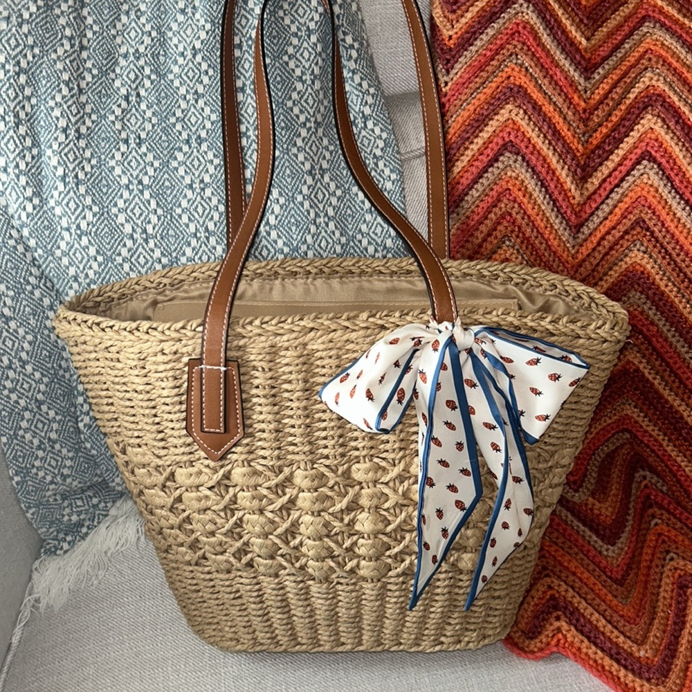 Woven Straw Tote Bag with Blue-Trim Bow